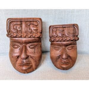 Hand Carved Set Of 2 Wooden Faces Wall Hangings Made In Honduras Tribal Art